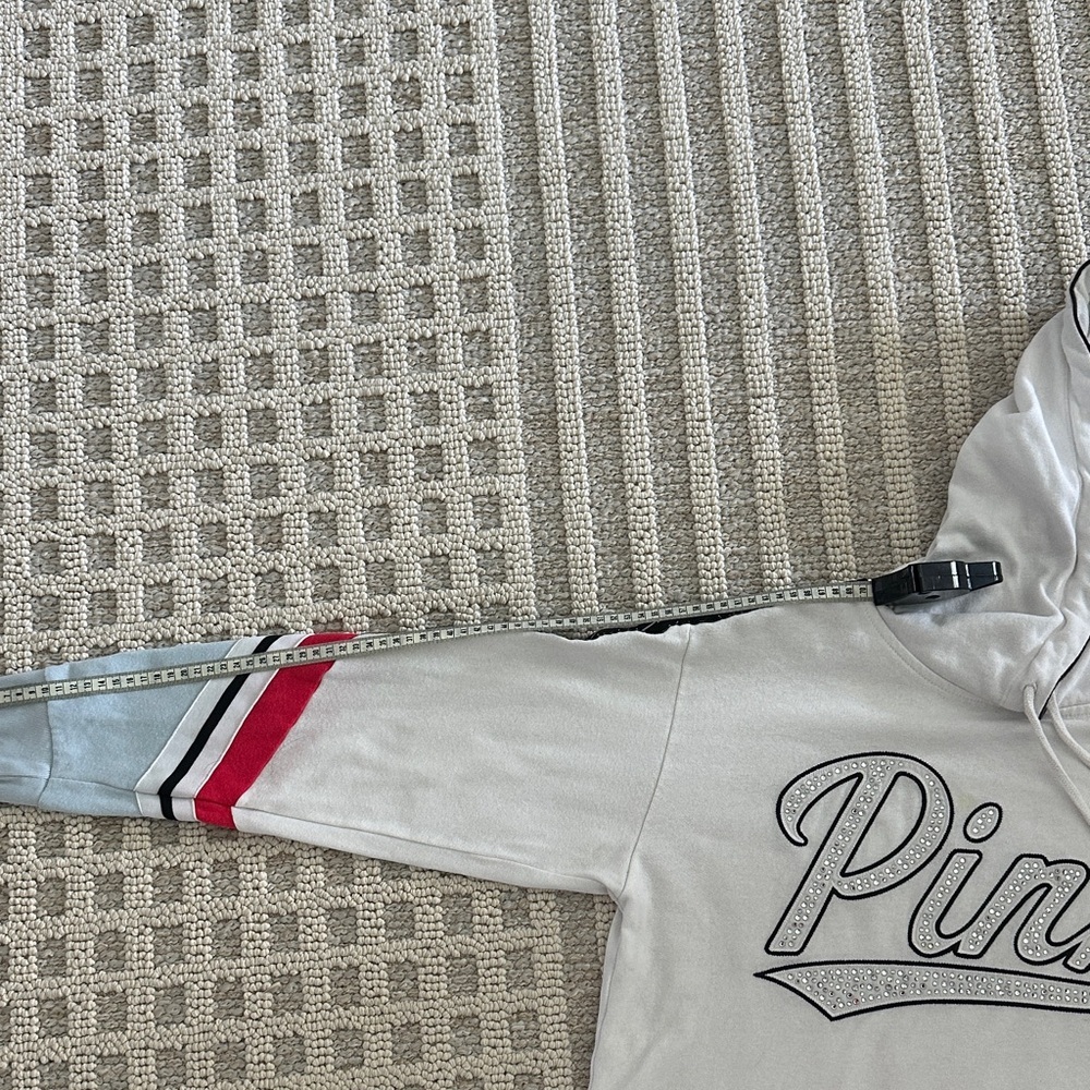 PINK Victoria's Secret White Hoodie with Colorful Sleeve Stripes - Picture 4 of 7